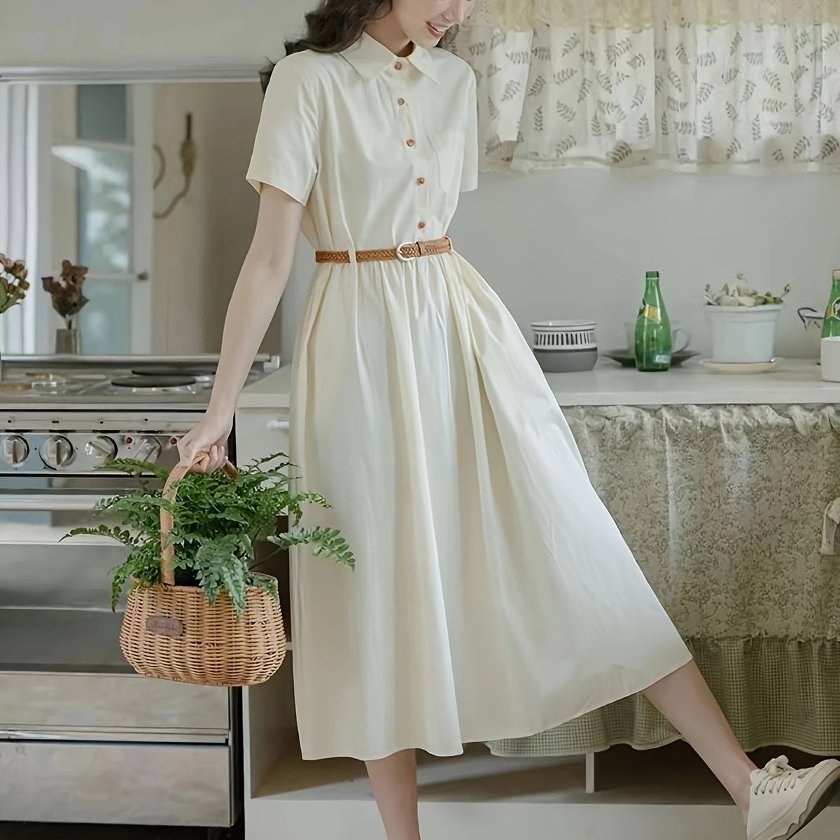 Vestido midi estilo preppy feminino com cinto