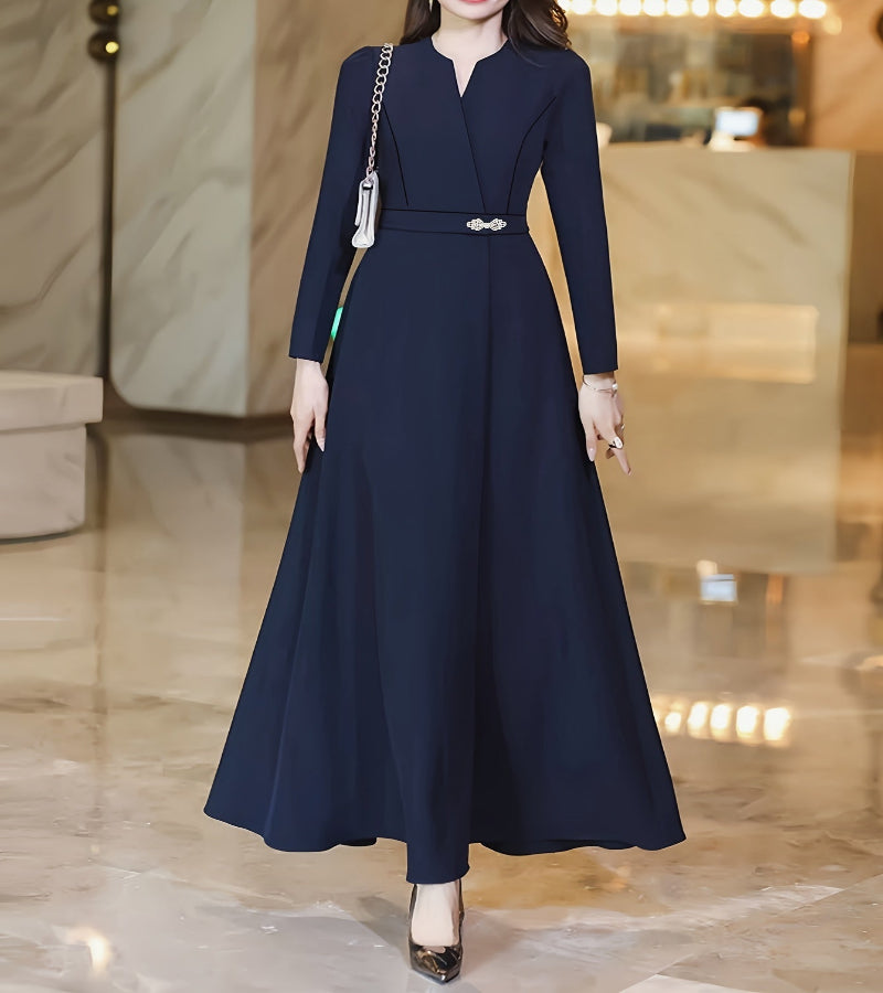 Vestido de manga comprida com decote em V, corte slim, cintura justa