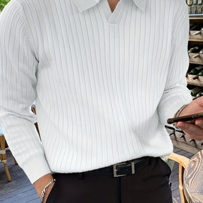 Camisa de malha suéter masculino casual com lapela e decote em V