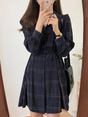 Vestido feminino com gola polo xadrez e cinto, casual, manga comprida, tecido de poliéster