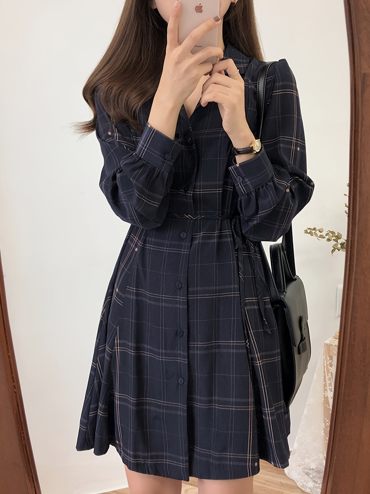 Vestido feminino com gola polo xadrez e cinto, casual, manga comprida, tecido de poliéster