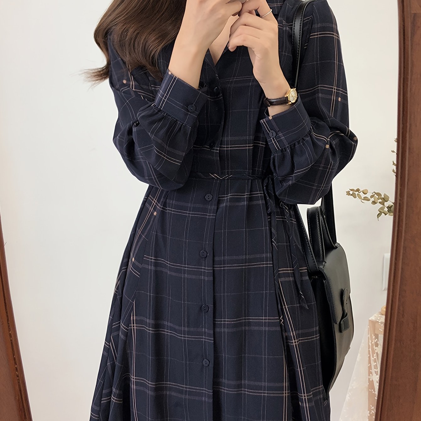 Vestido feminino com gola polo xadrez e cinto, casual, manga comprida, tecido de poliéster