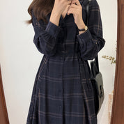 Vestido feminino com gola polo xadrez e cinto, casual, manga comprida, tecido de poliéster