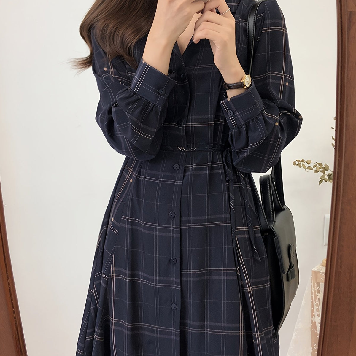 Vestido feminino com gola polo xadrez e cinto, casual, manga comprida, tecido de poliéster