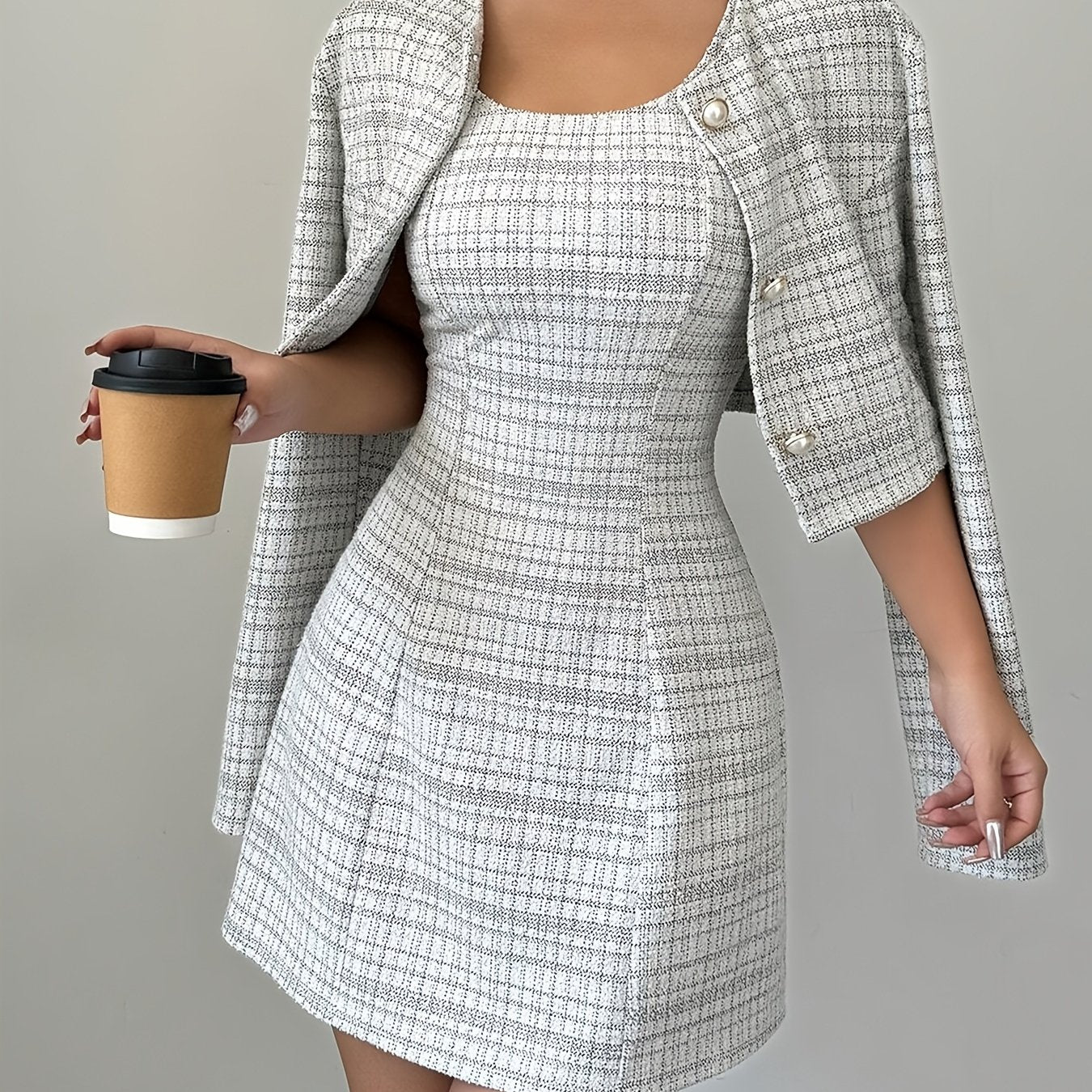 Vestido curto de duas peças em linha, Elegante terno xadrez