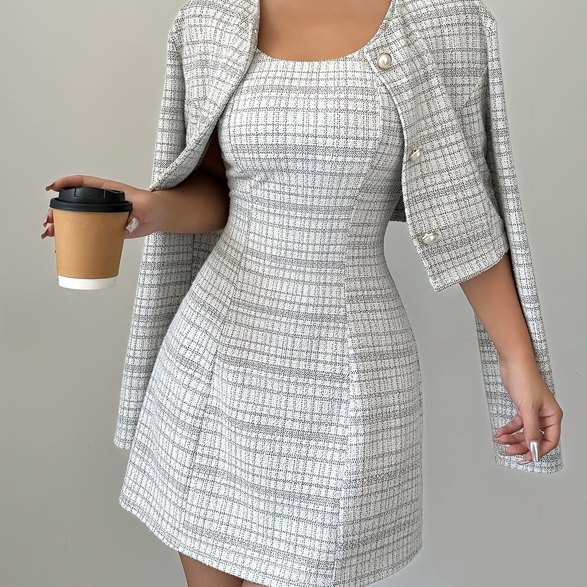 Vestido curto de duas peças em linha, Elegante terno xadrez
