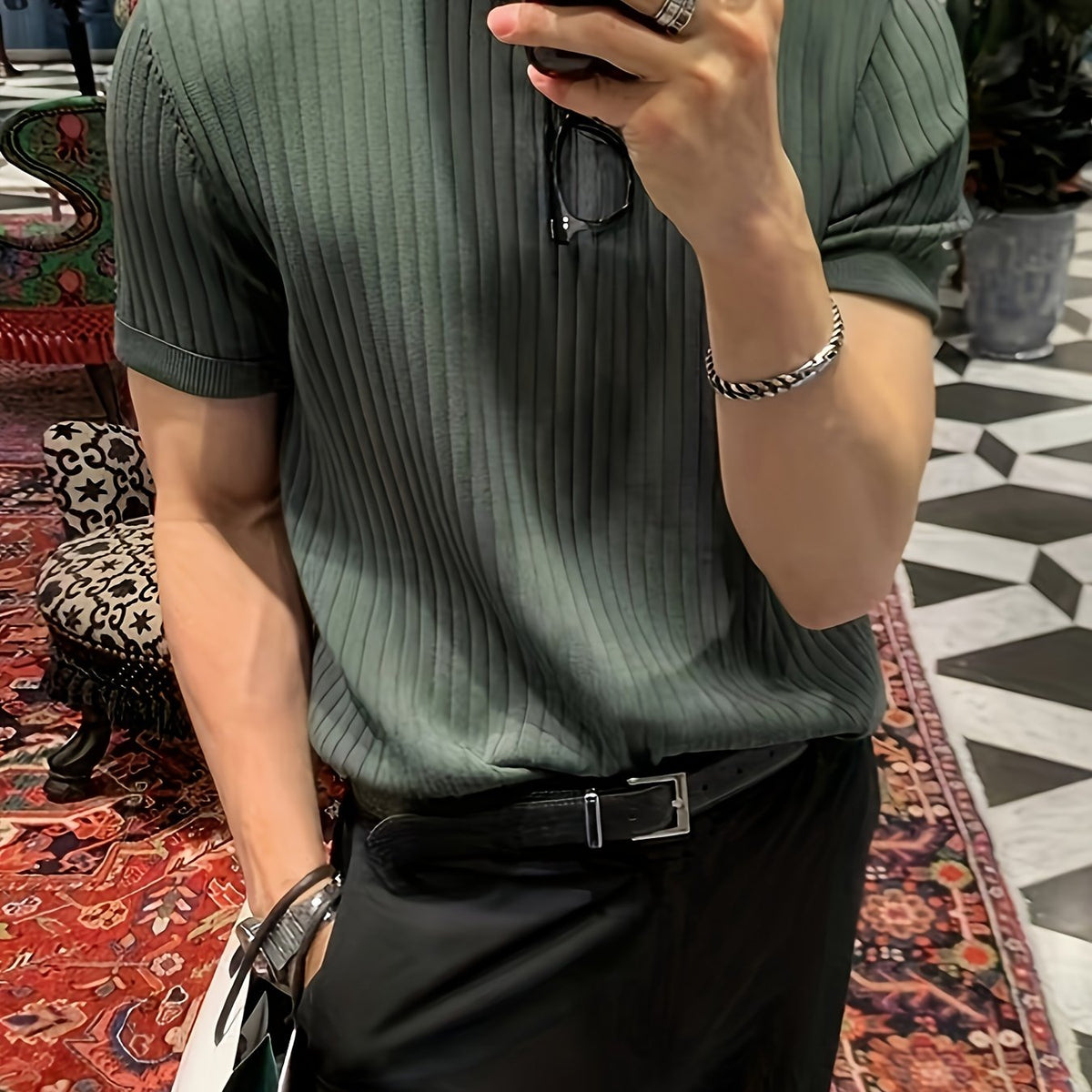 Camisa Suéter de malha masculino liso com gola redonda