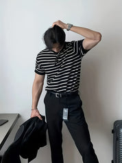 Camisa de malha listrada, manga curta Cross-Border
