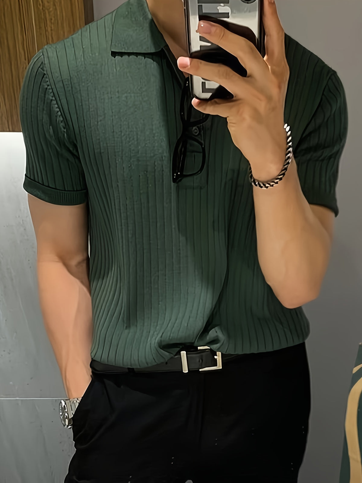 Camisa Polo malha canelada de cor sólida masculino - Top de malha de manga curta