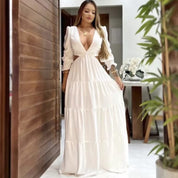 Vestido Longo Elegante Feminino Decote V Profundo Em Tecido Premium Manga Longa Casamento Madrinha Princesa Luxuoso Sexy
