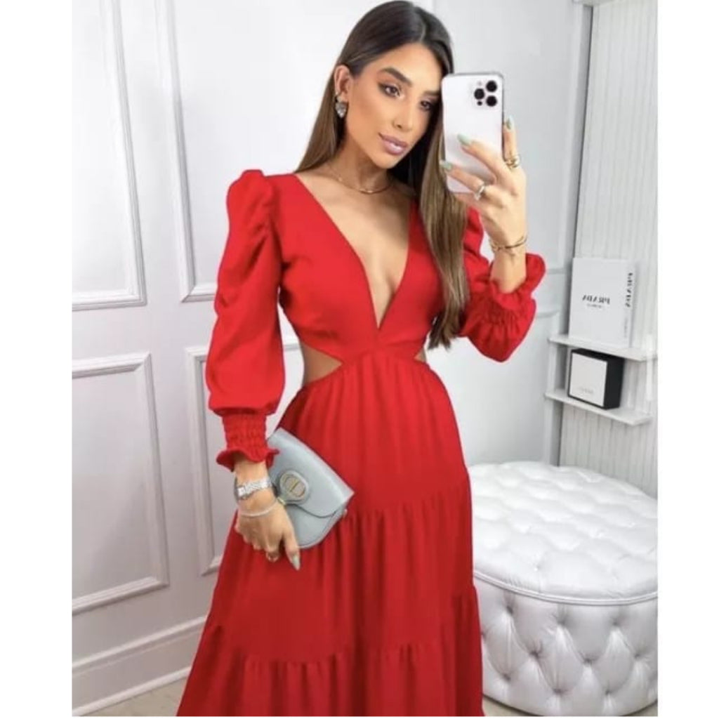 Vestido Longo Elegante Feminino Decote V Profundo Em Tecido Premium Manga Longa Casamento Madrinha Princesa Luxuoso Sexy