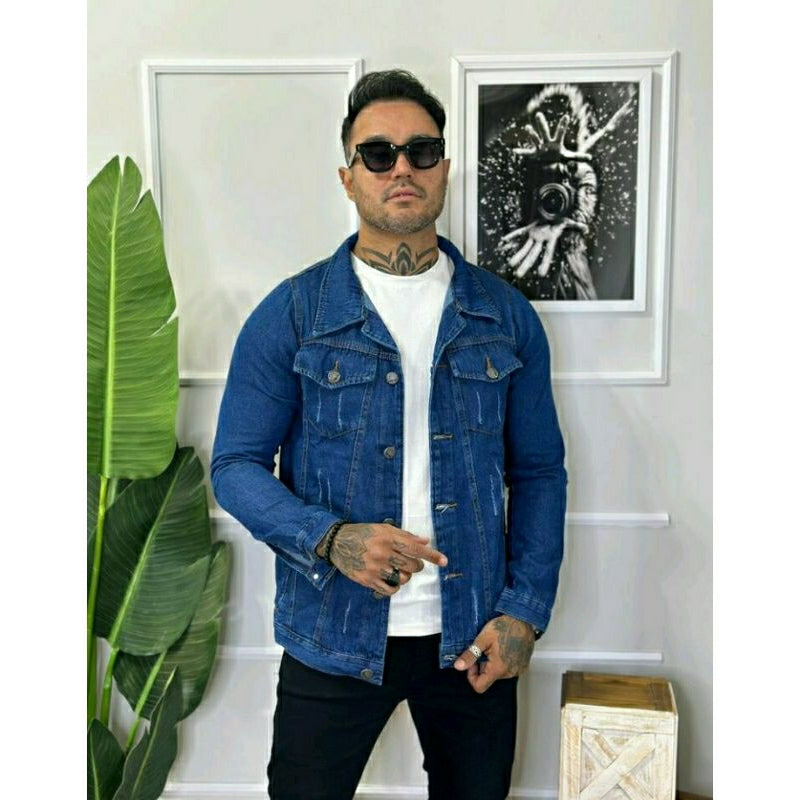 Jaqueta Jeans Masculina Azu Destroyer, Rasgada No Estilo