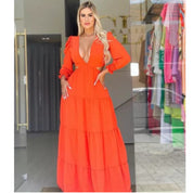 Vestido Longo Feminino Decote V Profundo Manga Longa Casamento Madrinha Luxo Festa Princesa Lançamento