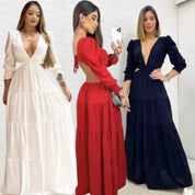Vestido Longo Feminino Decote V Profundo Manga Longa Casamento Madrinha Luxo Festa Princesa Lançamento