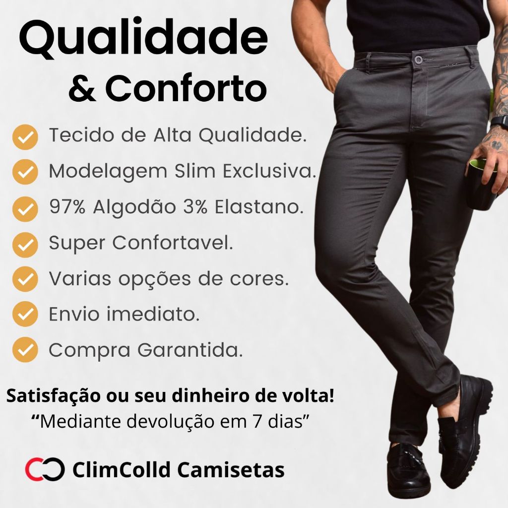 Calça Alfaiataria Masculina Sarja Esporte Fino Social Chino com Elastano