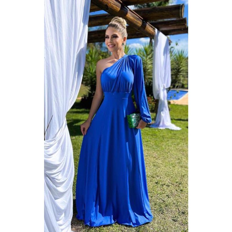 Vestido Longo Feminino Social Uma Manga Longa Festa Casamento