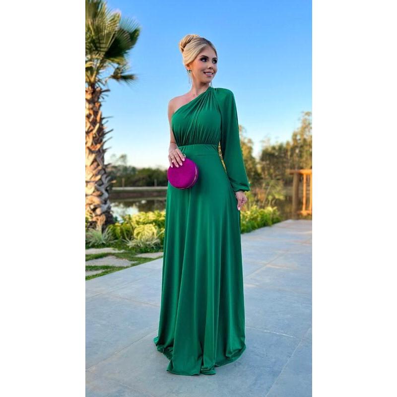 Vestido Longo Feminino Social Uma Manga Longa Festa Casamento