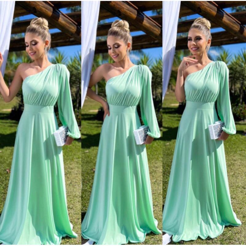 Vestido Longo Feminino Social Uma Manga Longa Festa Casamento