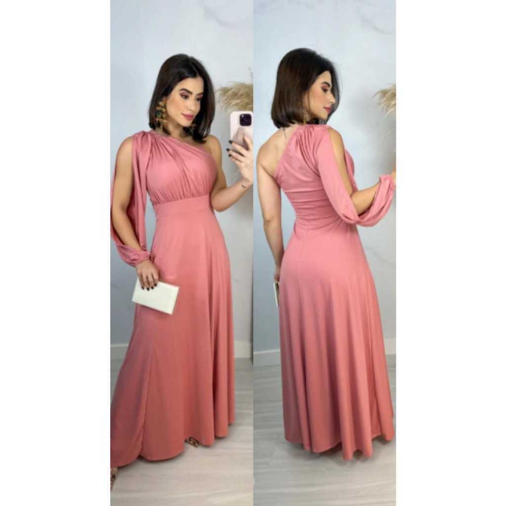 Vestido Longo Feminino Social Uma Manga Longa Festa Casamento