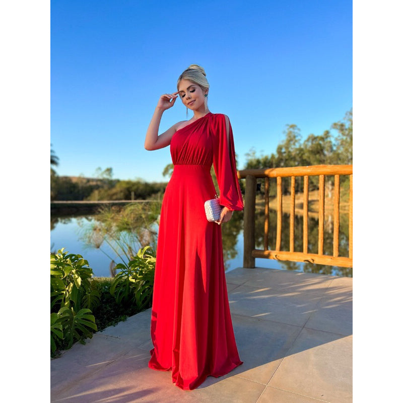 Vestido Longo Feminino Social Uma Manga Longa Festa Casamento