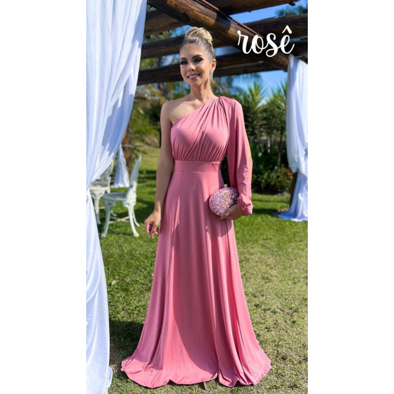 Vestido Longo Feminino Social Uma Manga Longa Festa Casamento