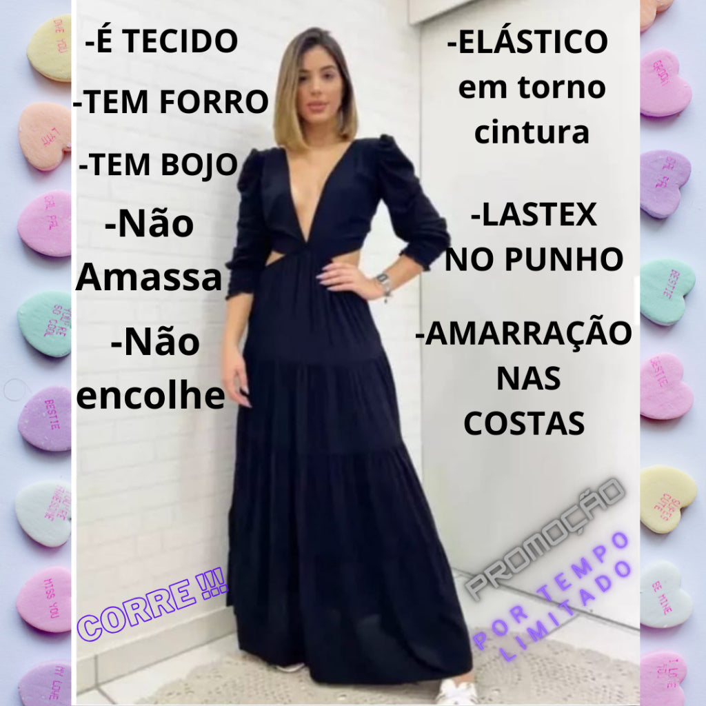 Vestido Longo Elegante Feminino Decote V Profundo Em Tecido Premium Manga Longa Casamento Madrinha Princesa Luxuoso Sexy