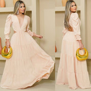 Vestido Longo Elegante Feminino Decote V Profundo Em Tecido Premium Manga Longa Casamento Madrinha Princesa Luxuoso Sexy