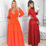 Vestido Longo Elegante Feminino Decote V Profundo Em Tecido Premium Manga Longa Casamento Madrinha Princesa Luxuoso Sexy