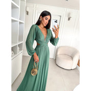 Vestido Longo de Festa Manga Longa Micro Tule Abertura lateral