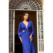 Vestido Longo de Festa Manga Longa Micro Tule Abertura lateral