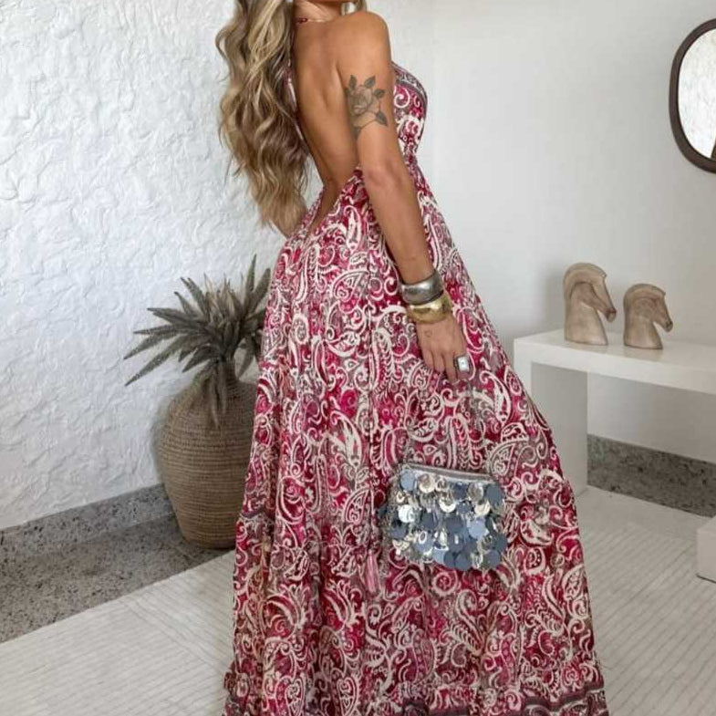 Vestido Longo Seda Indiana Frente Única Costa Nua- Estilo Boho Chic