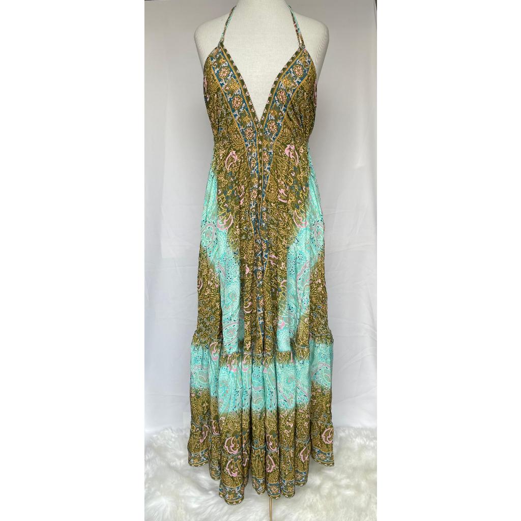 Vestido Longo Seda Indiana Frente Única Costa Nua- Estilo Boho Chic