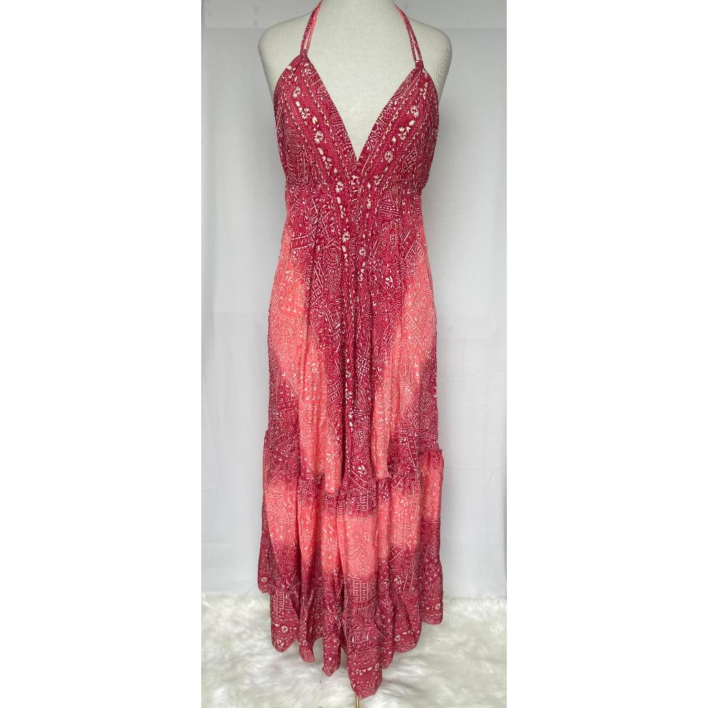 Vestido Longo Seda Indiana Frente Única Costa Nua- Estilo Boho Chic