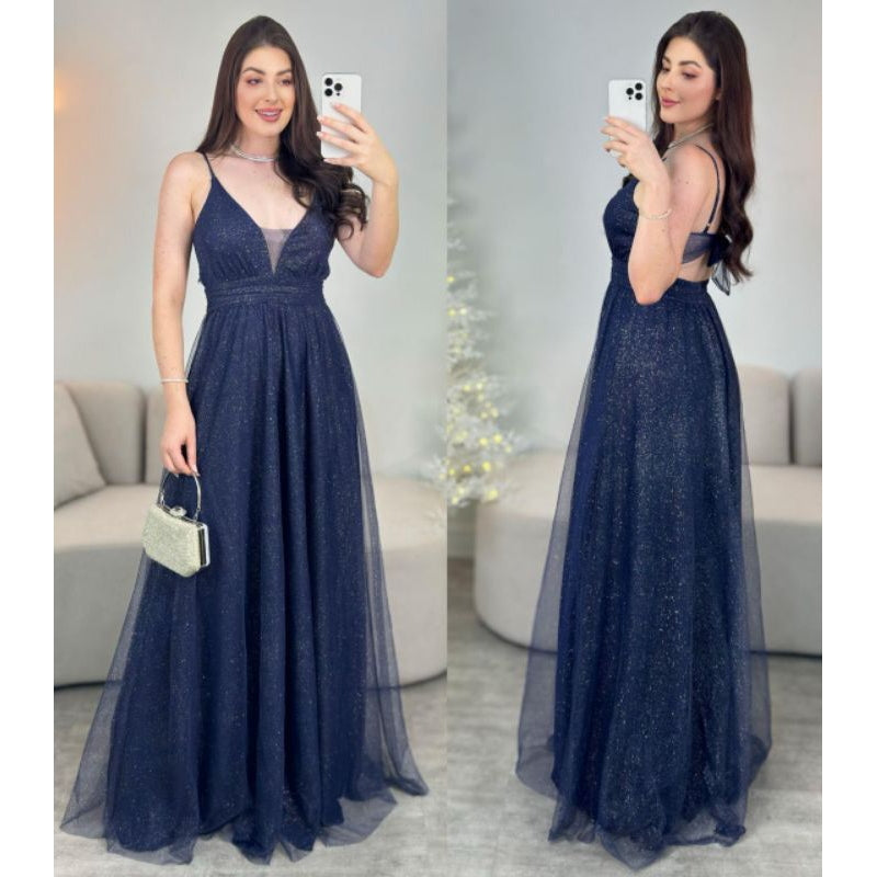 vestido natasha alça con decote v para festas formandas madrinhas convidadas brilhoso