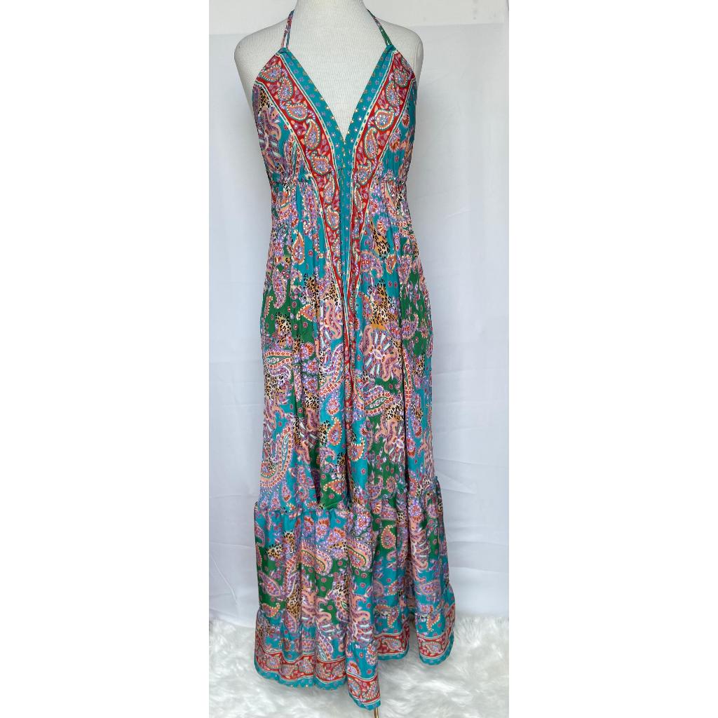 Vestido Longo Seda Indiana Frente Única Costa Nua- Estilo Boho Chic