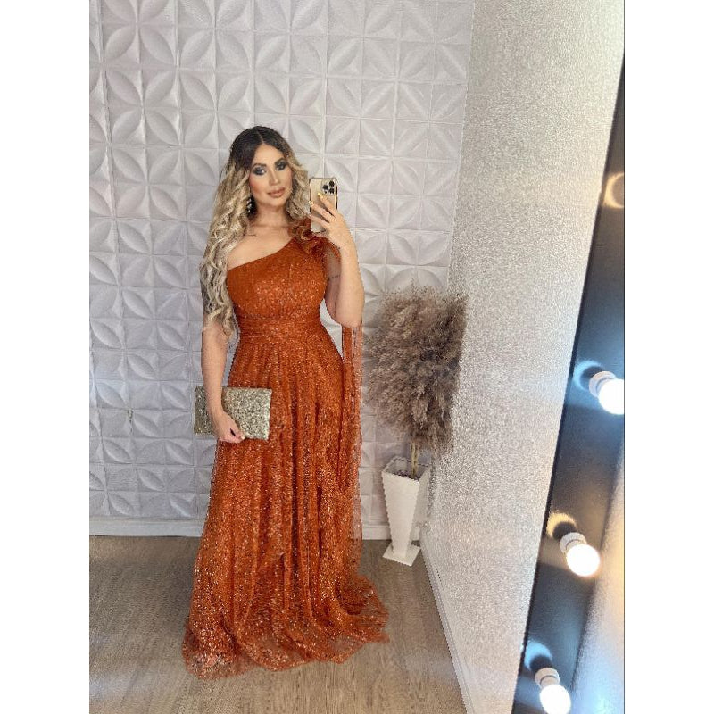 vestido brilhoso esmeralda elegante un hombro luxouso ideal para festas  madrinhas convidadas formandas noivas