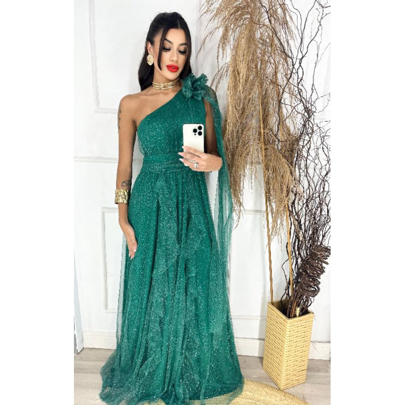 vestido brilhoso esmeralda elegante un hombro luxouso ideal para festas  madrinhas convidadas formandas noivas