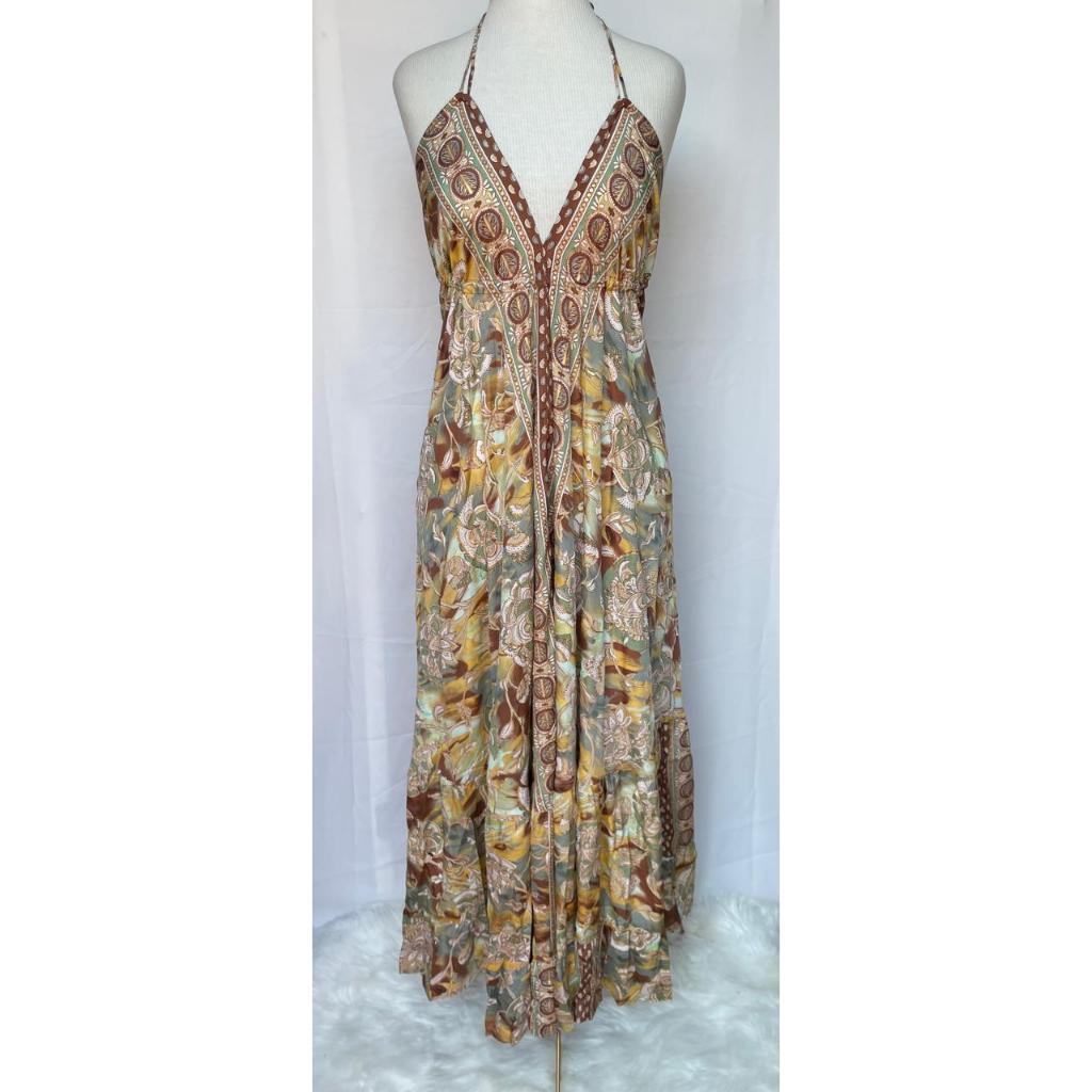 Vestido Longo Seda Indiana Frente Única Costa Nua- Estilo Boho Chic