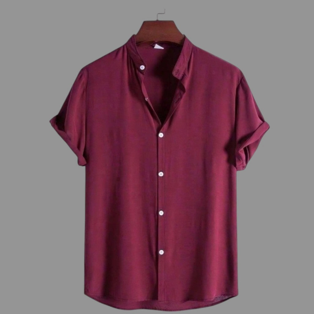 Camisa Social Masculina Manga Curta Gola Padre Aspecto de Linho - Cores Variadas - Confortável