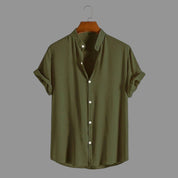 Camisa Social Masculina Manga Curta Gola Padre Aspecto de Linho - Cores Variadas - Confortável
