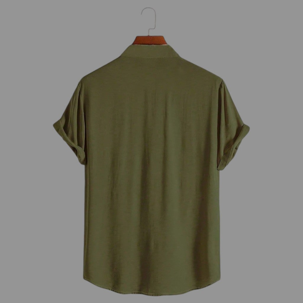 Camisa Social Masculina Manga Curta Gola Padre Aspecto de Linho - Cores Variadas - Confortável