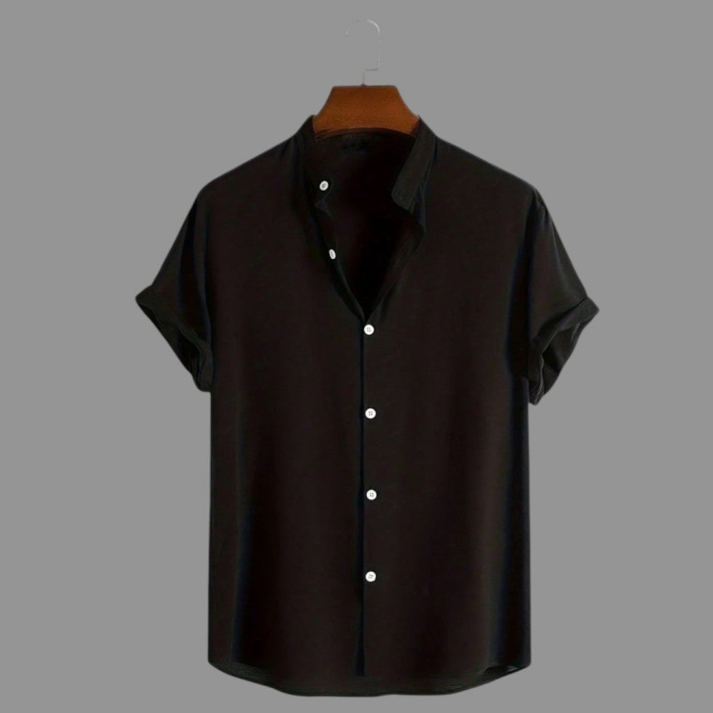 Camisa Social Masculina Manga Curta Gola Padre Aspecto de Linho - Cores Variadas - Confortável