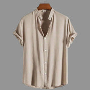 Camisa Social Masculina Manga Curta Gola Padre Aspecto de Linho - Cores Variadas - Confortável