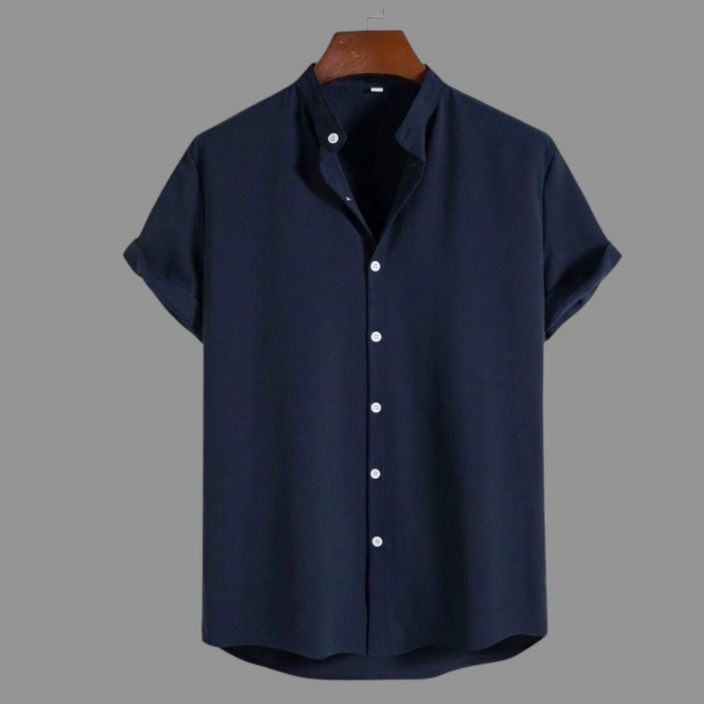 Camisa Social Masculina Manga Curta Gola Padre Aspecto de Linho - Cores Variadas - Confortável