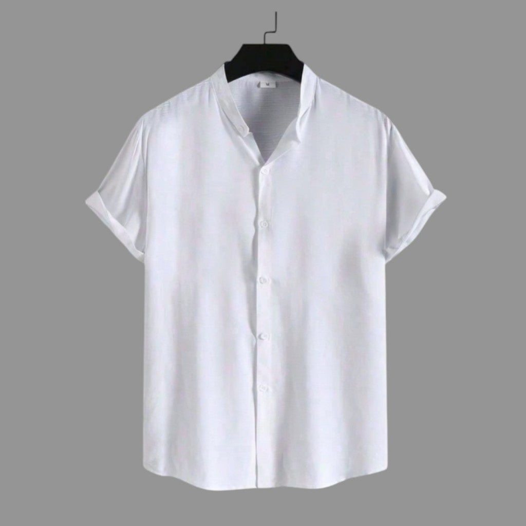 Camisa Social Masculina Gola Padre Manga Curta Aspecto Linho