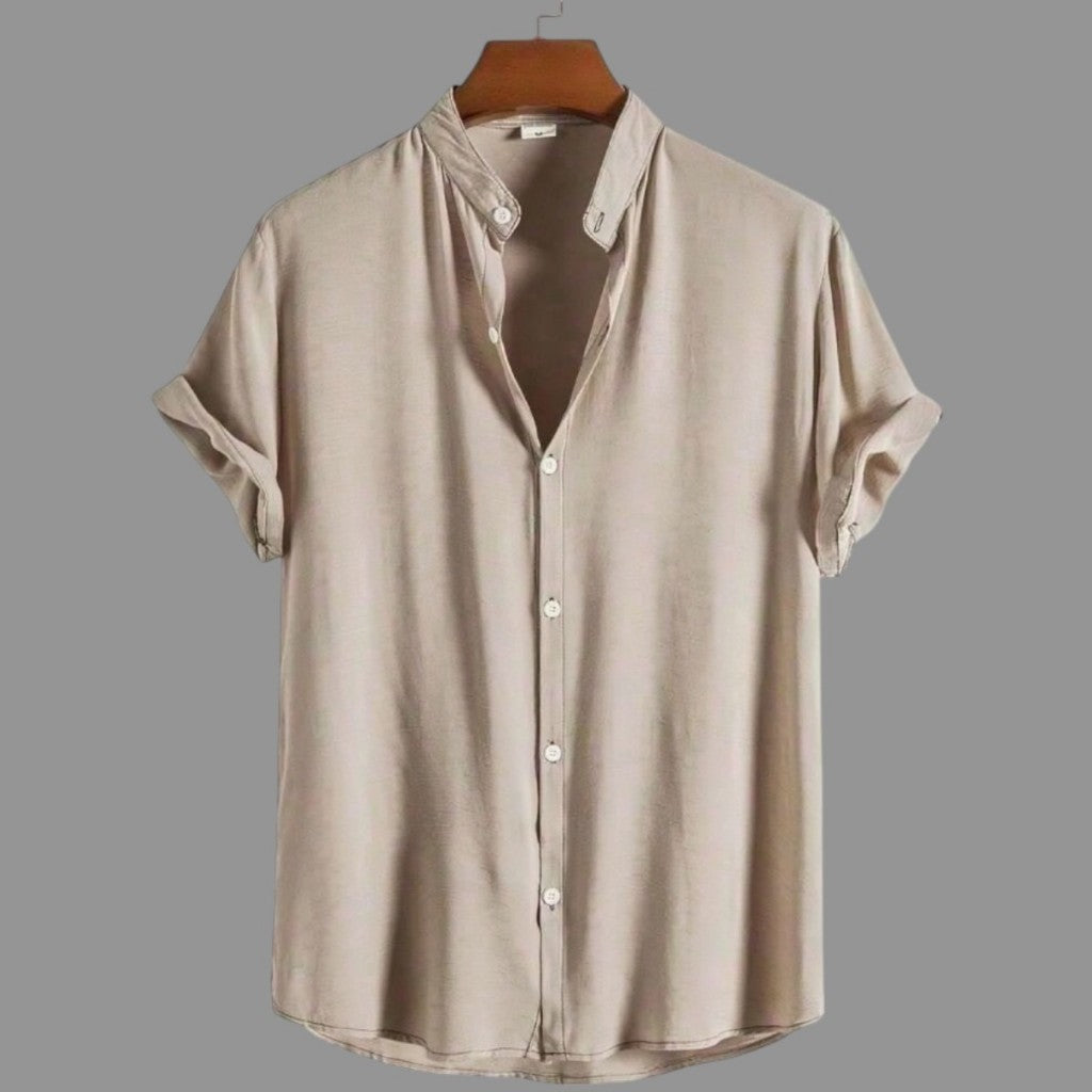 Camisa Social Masculina Gola Padre Manga Curta Aspecto Linho