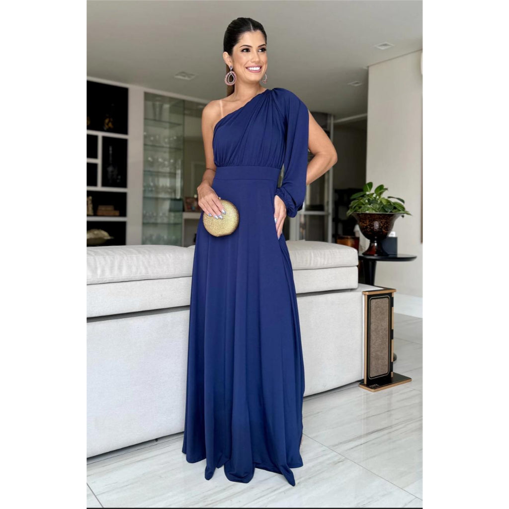 Vestido Longo Feminino Social Uma Manga Longa Festa Casamento
