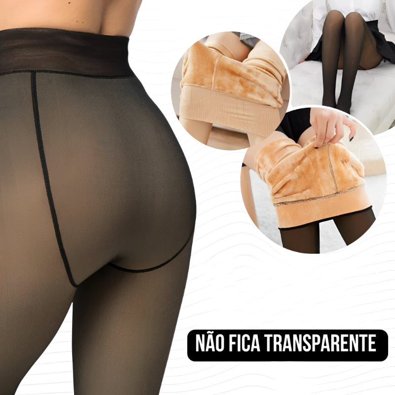 Meia-Calça Térmica Feminina Plus Size M-GG Forrada Peluciada Translúcida de Lã  Super Elástica Slim Com Pé 240Gramas
