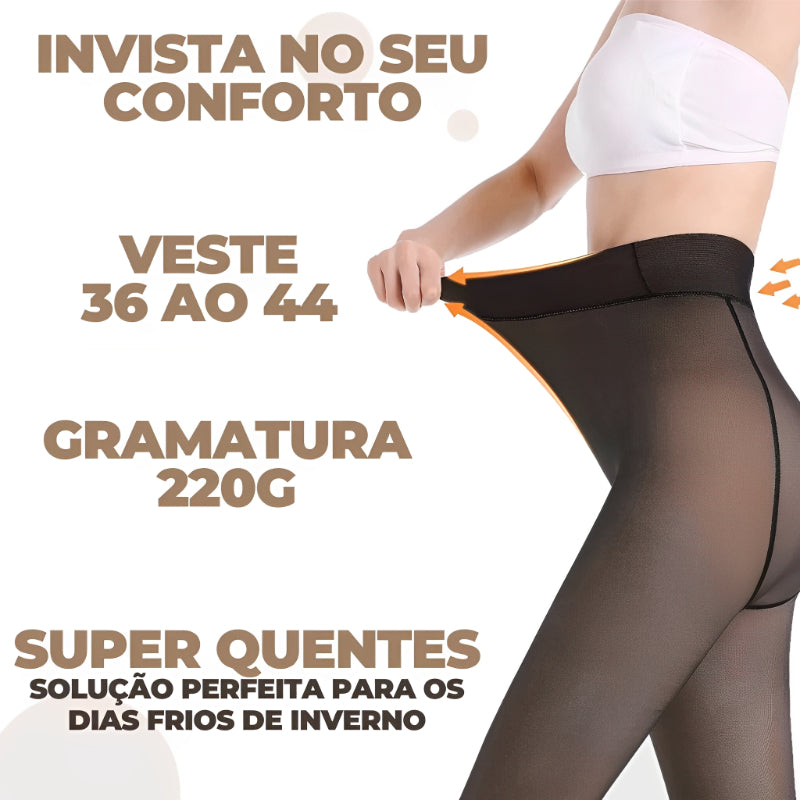 Meia-Calça Térmica Feminina Plus Size M-GG Forrada Peluciada Translúcida de Lã  Super Elástica Slim Com Pé 240Gramas