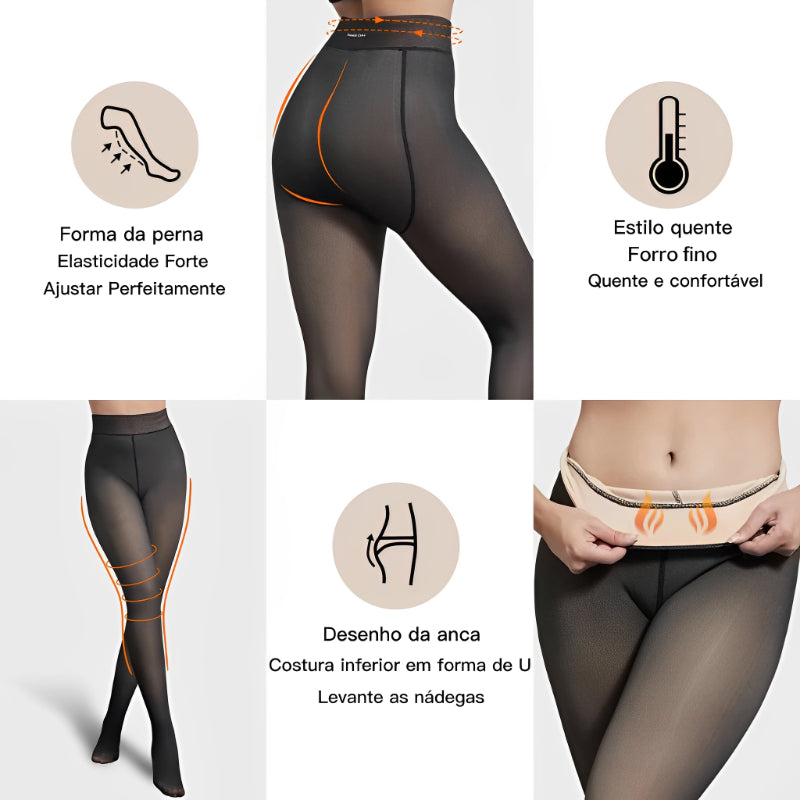 Meia-Calça Térmica Feminina Plus Size M-GG Forrada Peluciada Translúcida de Lã  Super Elástica Slim Com Pé 240Gramas